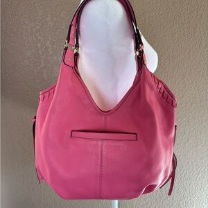 💕 Genuine Leather Shoulder Bag – Pink Whipstitch Tote/Purse